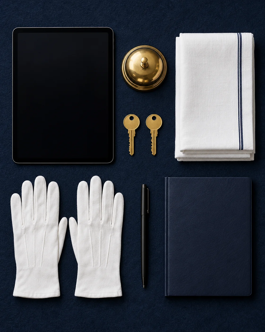 Sur un feutre bleu nuit : une tablette, une sonnette de réception en laiton, deux clés, du linge blanc plié, des gants blancs, un stylo et un carnet. Chaque objet présente un service de Kleen.